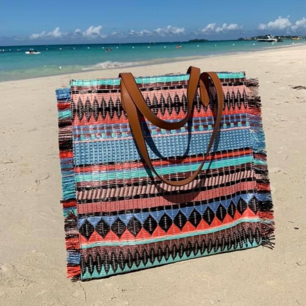 Stella & Dot Colorful Geometric Tote with Brown Straps